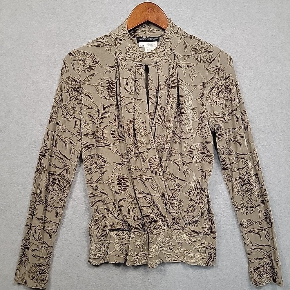 Vintage Burnout Floral Surplice Style Blouse Made in Canada Olive Taupe Womens M